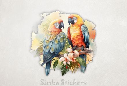 Multi-coloured parrots in love perching above flowers, watercolour, bqamxe