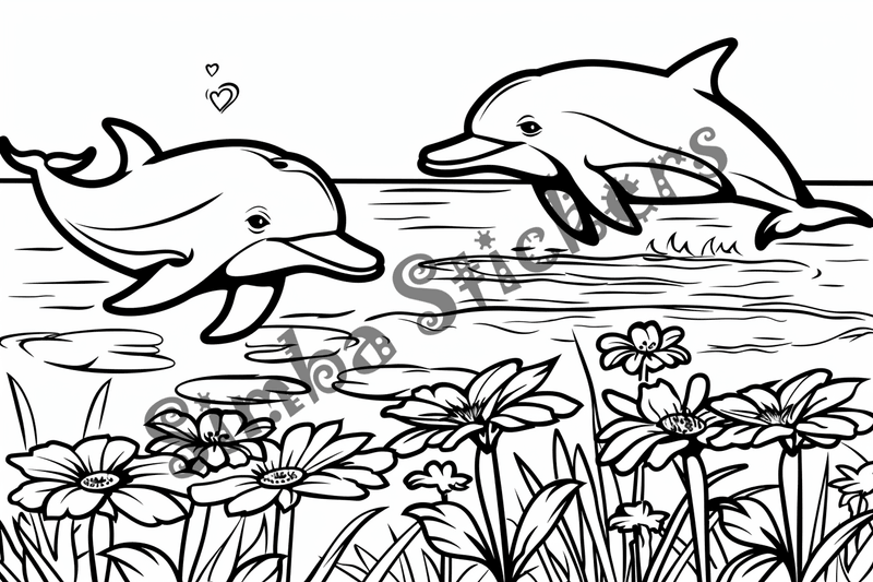 Colouring pages, bundle of dolphins  in flowers, 10 images