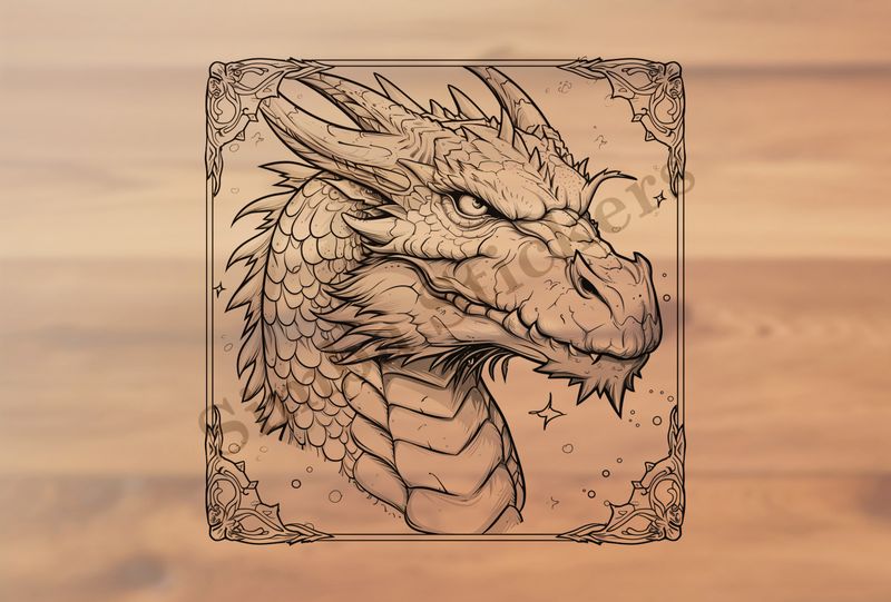 Angry-looking dragon, framed, outline art