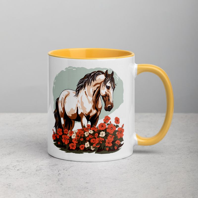 White Ceramic Mug with Color Inside, 11&amp;15oz, Brown horse in field of red flowers, n4w2fj
