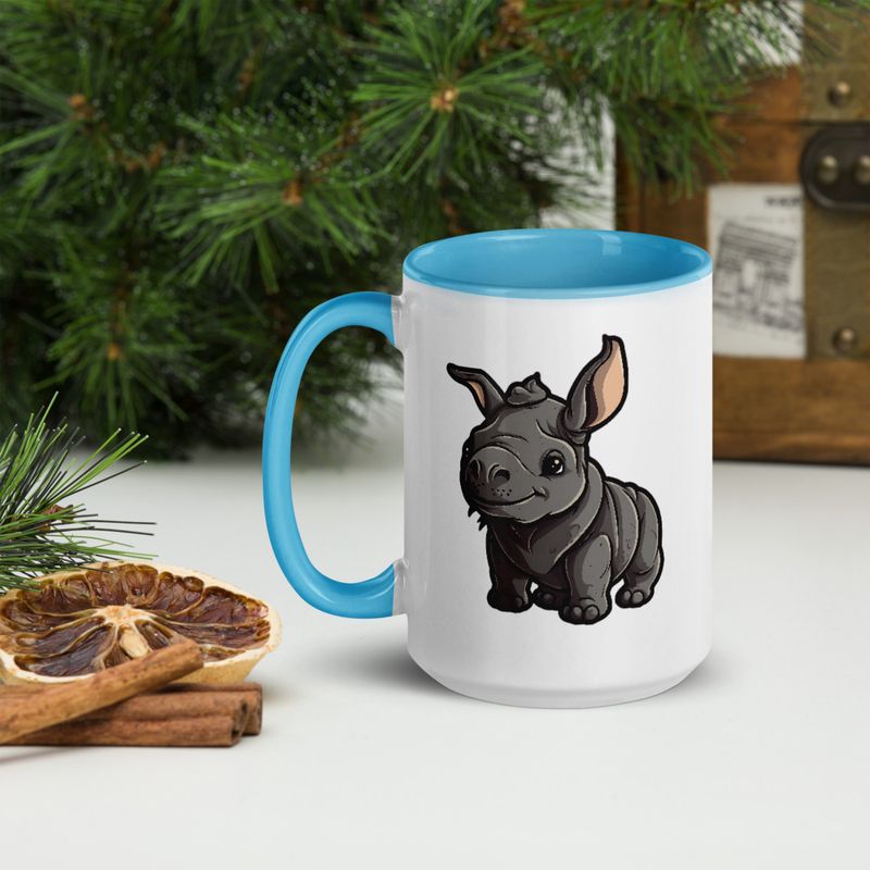 White Ceramic Mug with Color Inside, 11oz &amp; 15oz, Black rhino calf looking cute 