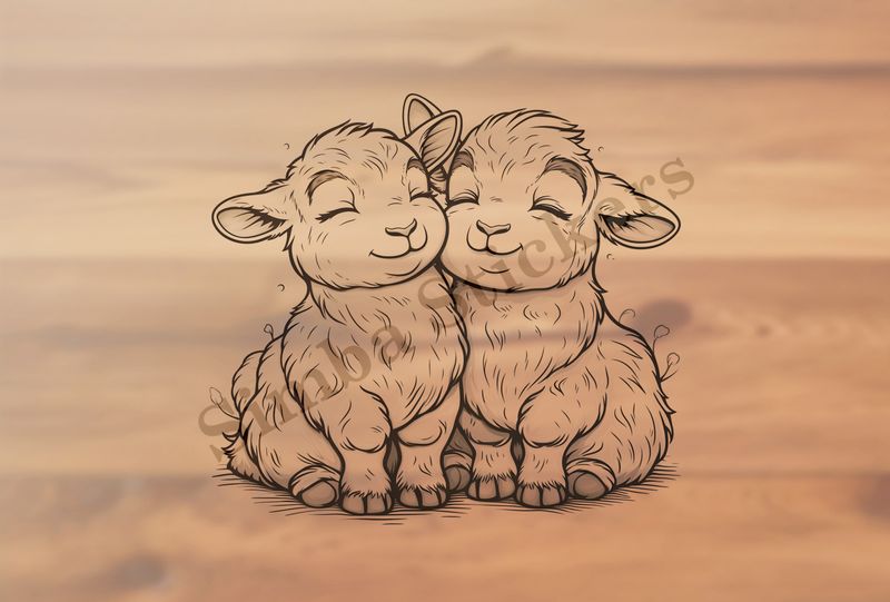 Goat kids cuddling cheek-to-cheek, outline art