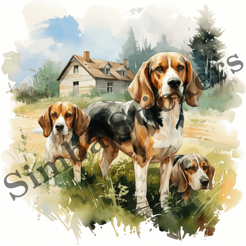 Beagle dogs in the wild, watercolour, image set, 10 images