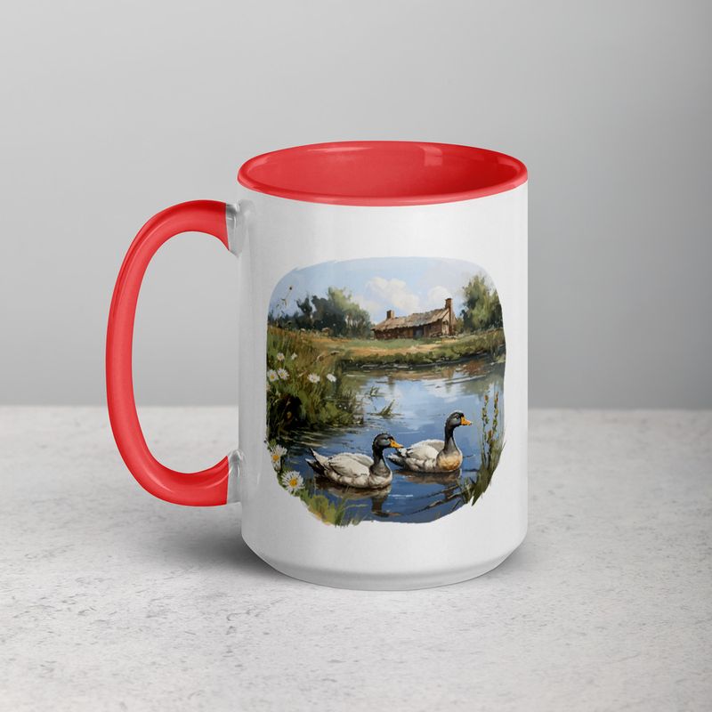 White Ceramic Mug with Color Inside, 11 &amp;15oz, Ducks in love swimming in farmhouse pond 