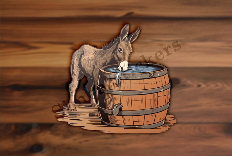 Donkey drinking water from large wooden barrel