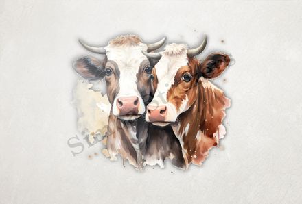 Cows nose-to-nose, one brown, one black, watercolour