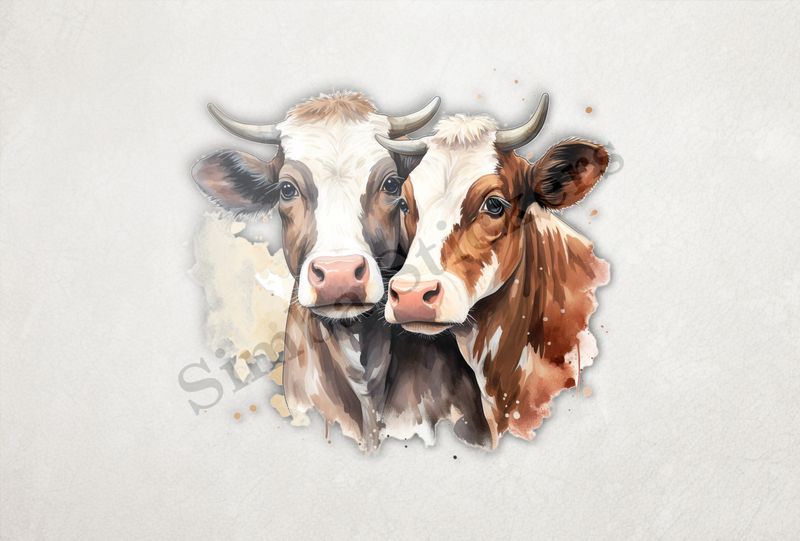 Cows nose-to-nose, one brown, one black, watercolour