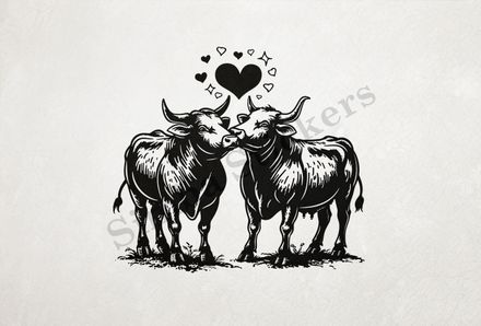 Cattle,  bull and cow in love , standing in the grass, outline art