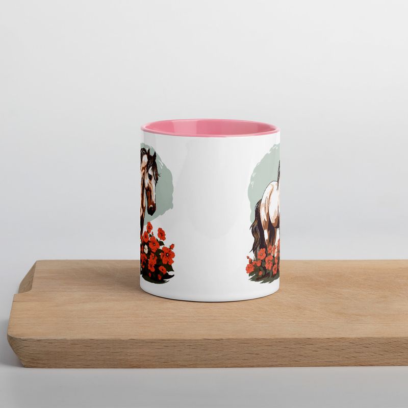 White Ceramic Mug with Color Inside, 11&amp;15oz, Brown horse in field of red flowers, n4w2fj