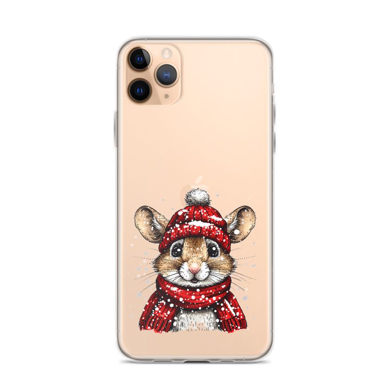 Clear Case for iPhone, Mouse wearing red winter hat and scarf in the snow, xg8dl3