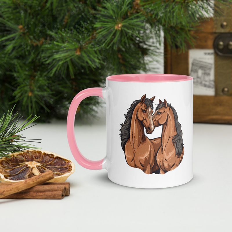 White Ceramic Mug with Color Inside, 11&amp;15oz, Two brown horses snuggling, tdwcyd