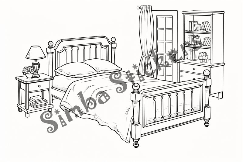 Colouring pages, bundle of house bedrooms, simple, 10 images