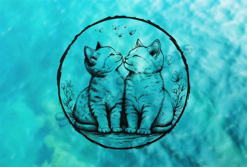 Cat kittens in love, in circle, outline art