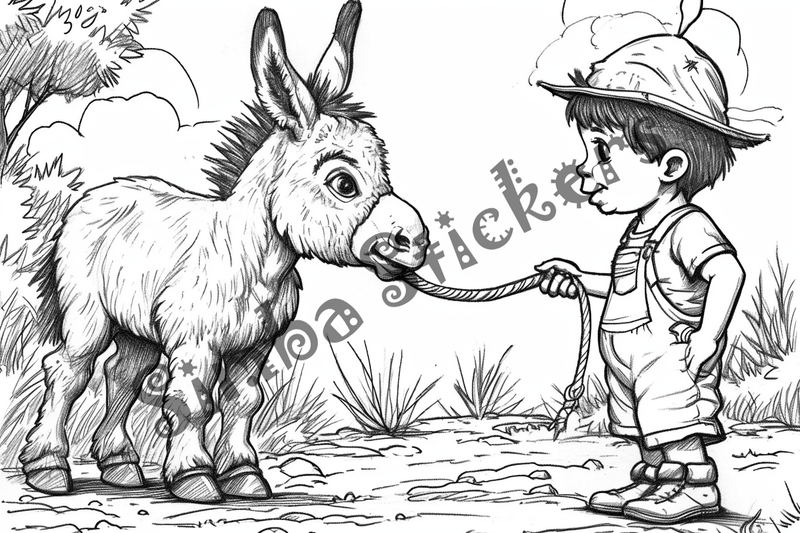 Colouring pages, bundle of donkeys carrying goods or people 10 images