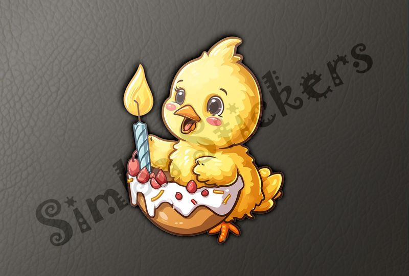 Cute Chick holding up a birthday candle, one foot in egg