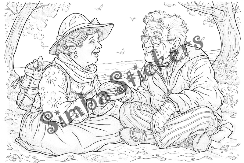 Colouring pages, bundle of people, grandparents in love at picnic, 25 images