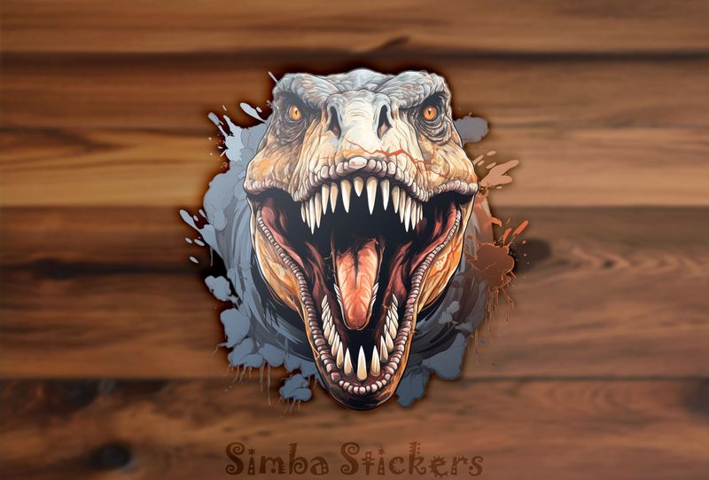 Dinosaur with mouth wide open and bloodied upper lip