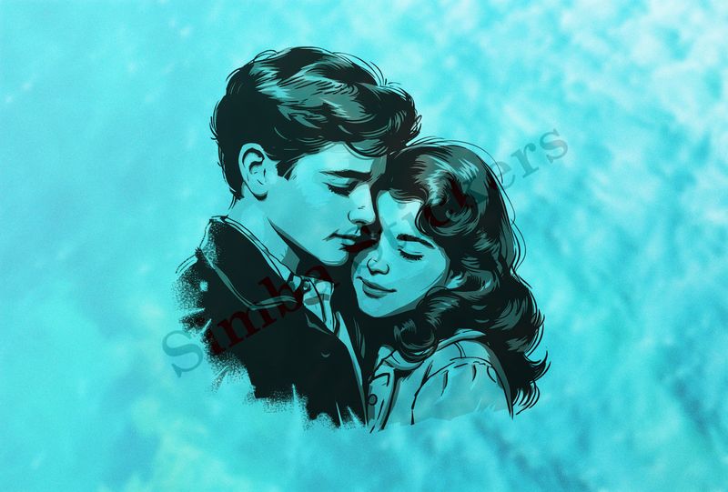 Young couple in warm embrace, outline art
