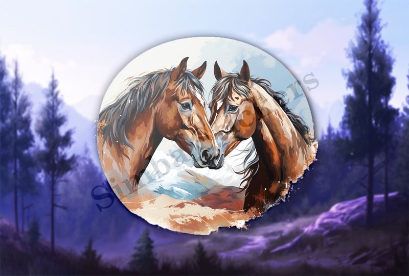 Horses nose-to-nose, watercolour