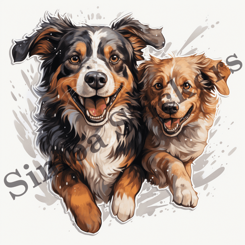 Dogs running, chasing each other, watercolour, image set, 10 images