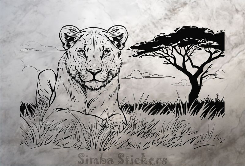 Lioness lying on the grass, outline art, gmh1h3