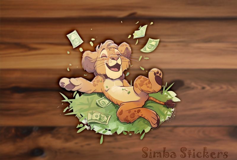 Simba Lion cub happily lifting leg up in flying money