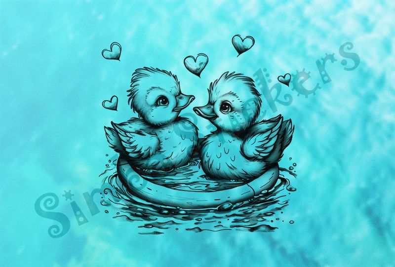 Ducklings in a ring in a pond, romantic hearts, outline art