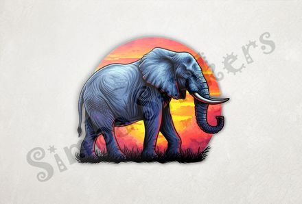 Elephant walking in front of sunset, watercolour