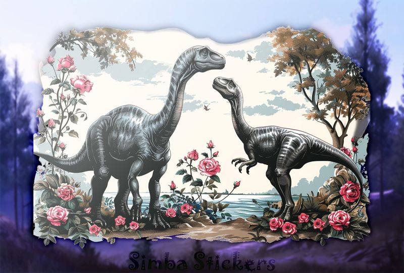 Dinosaurs in love with flowery setting, watercolour vintage