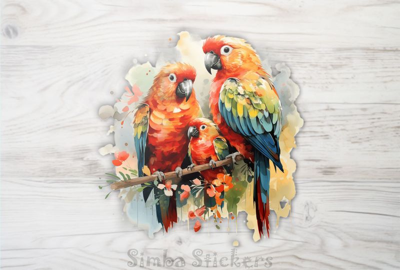Parrots in love with youngling in between them, 910piu