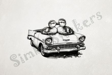 Ducklings beak-to-beak on hood of car, outline art