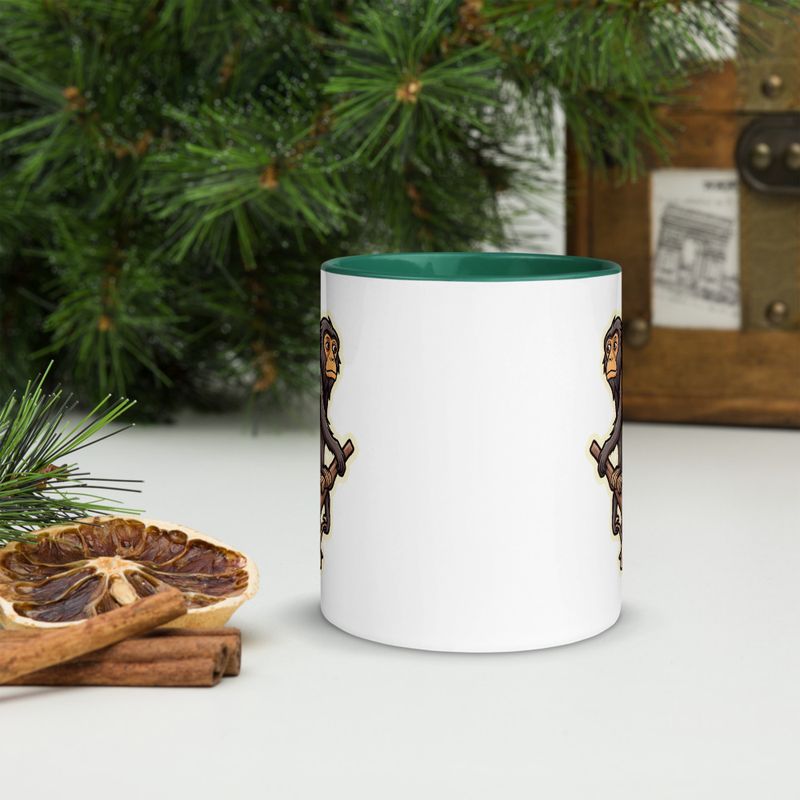 White Ceramic Mug with Color Inside, 11oz &amp; 15oz, Baboon on a tree, looking sad, head-to-head