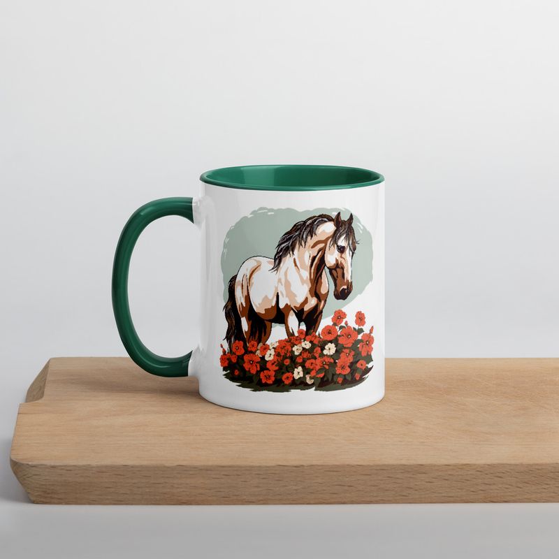 White Ceramic Mug with Color Inside, 11&amp;15oz, Brown horse in field of red flowers, n4w2fj