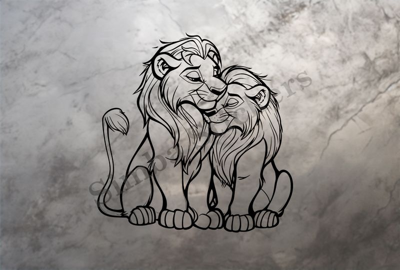 Lion and lioness, romantic, outline art