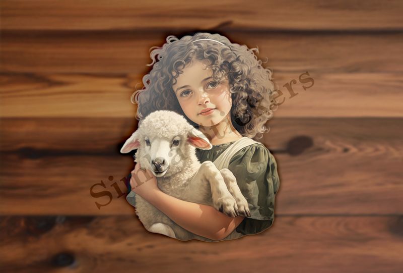Cute lamb in the arms of small Mediterranean girl, vintage