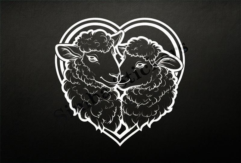 Sheep in love, in hear-shaped window, outline art