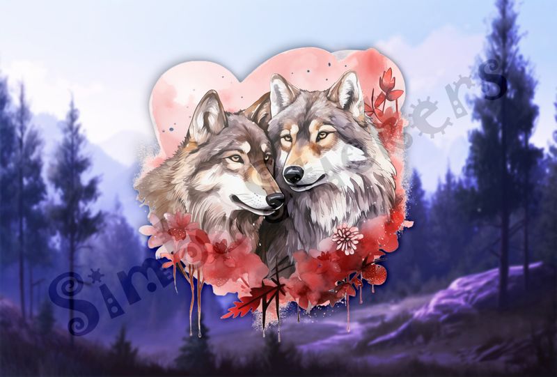 Wolves in love, in flowery heart shape