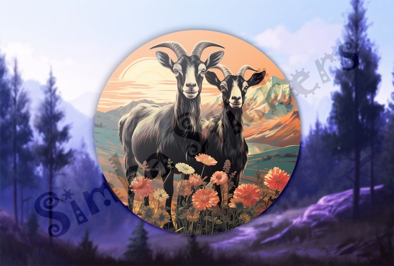 Goats in love, in flowery mountain range