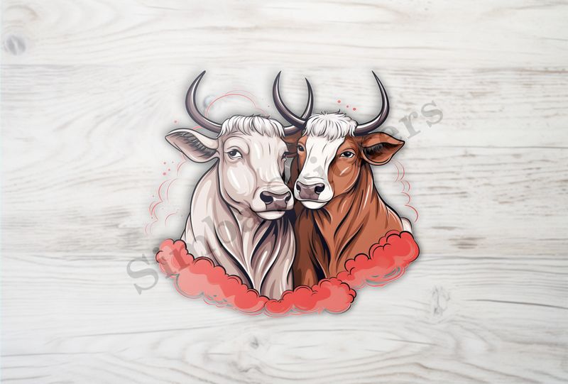 Bull and cow, romantic, reddish clouds, qoucds