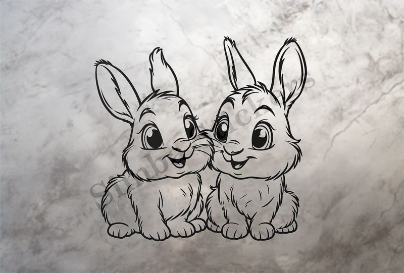 Bunnies in love,  cheek-to-cheek, outline art
