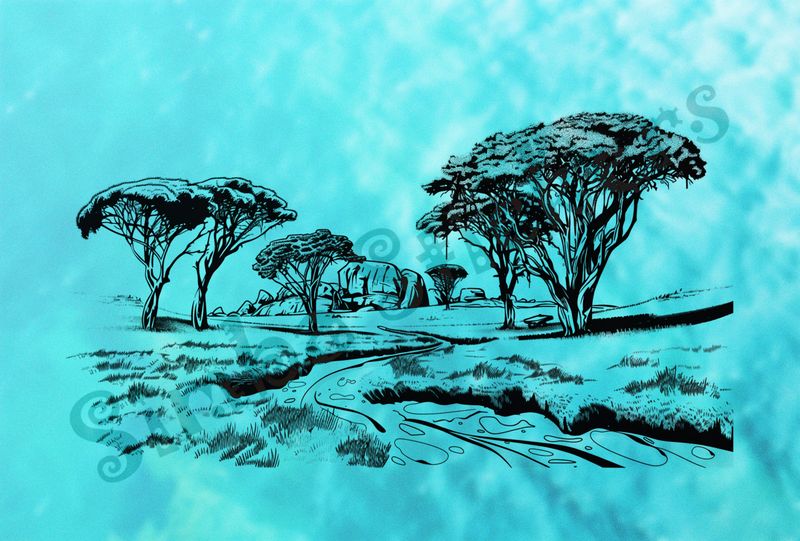 African Savanna landscape, stream in foreground, outline art