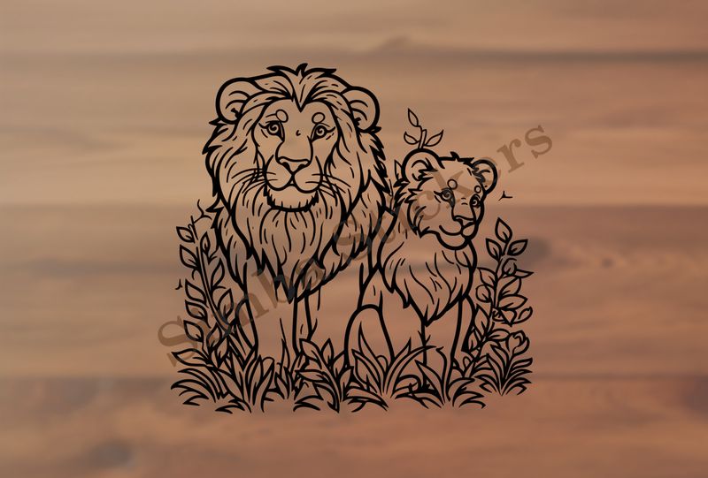 Lion and lioness in the green, outline art