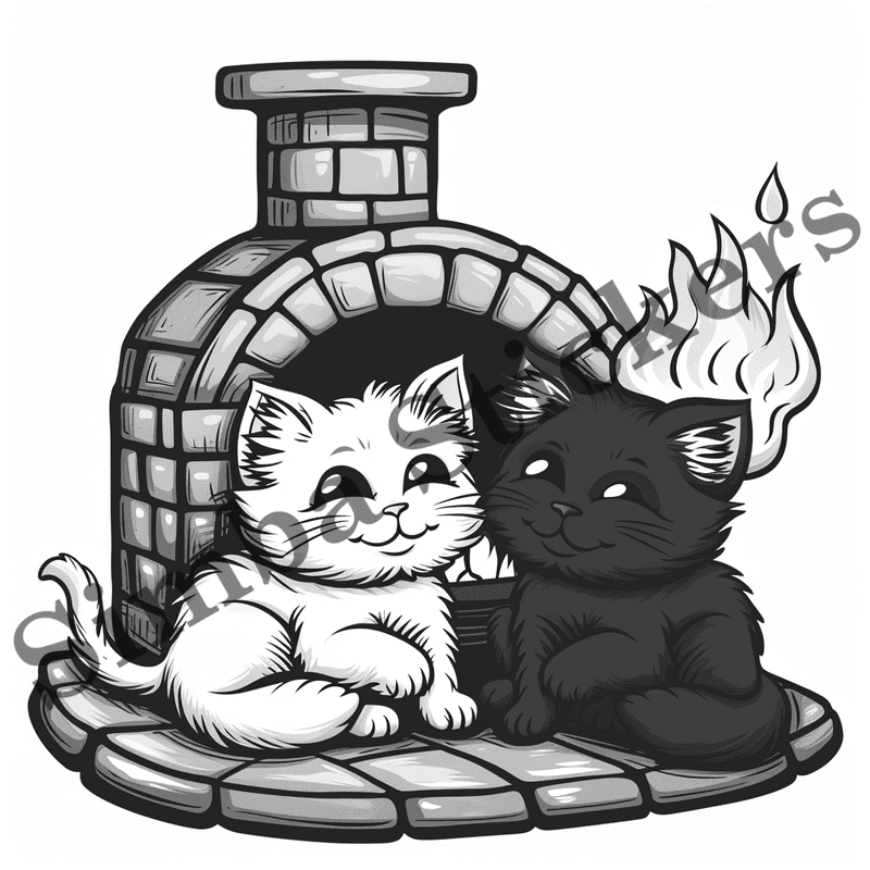 Cats by fireplace, outline art, image set, 10 images