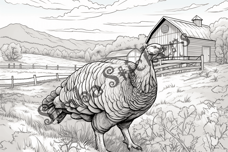 Colouring pages, bundle of turkeys on a farm, 10 images