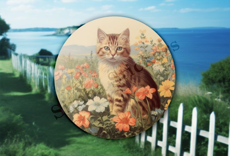 Vintage cat in flower field
