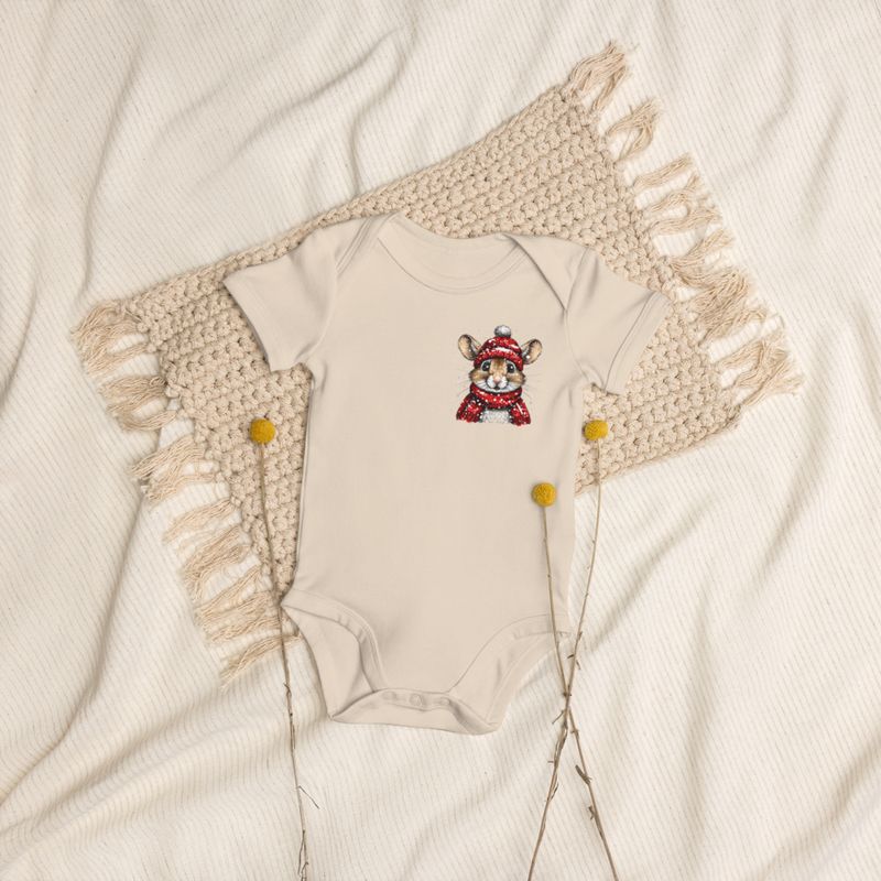 Organic Cotton Baby Bodysuit, 3-18 months, Mouse wearing red winter hat and scarf, xg8dl3,left chest