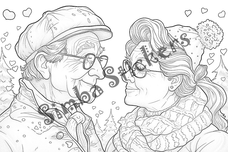 Colouring pages, bundle of people, grandparents in love at picnic, 25 images