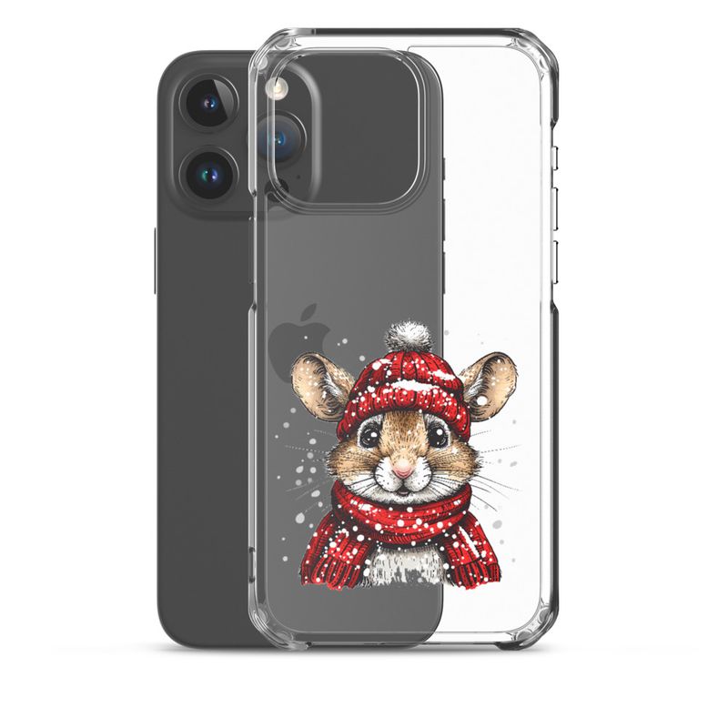 Clear Case for iPhone, Mouse wearing red winter hat and scarf in the snow, xg8dl3
