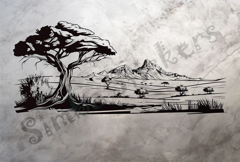 African Savanna landscape, interspersed with trees, mountain range afar, outline art