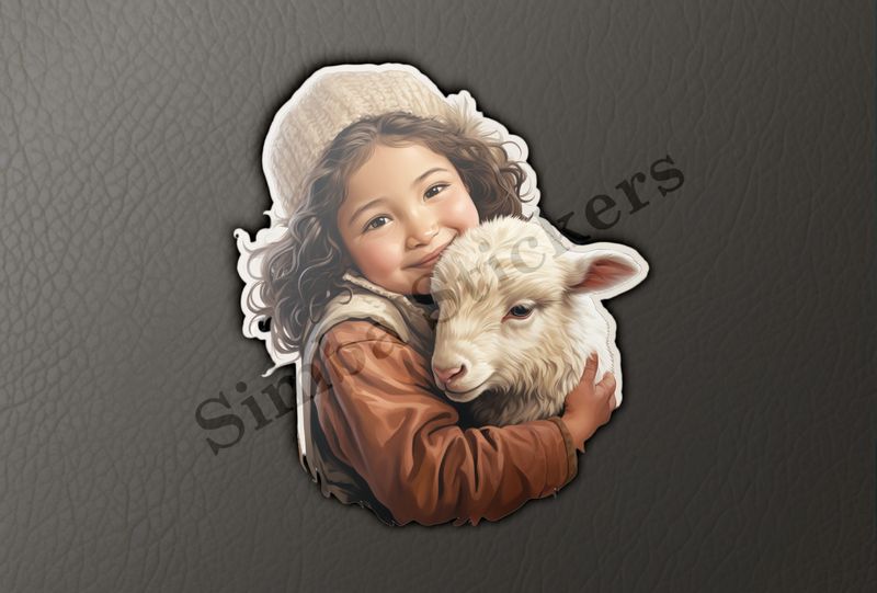 Sheep in arms of  girl of Asian origin in white hat, vintage